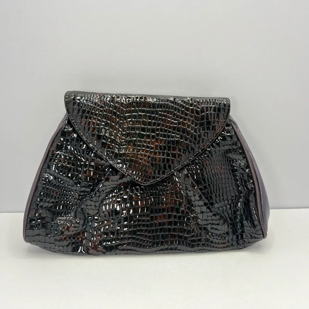 Vintage Faux Croc Clutch Envelope Evening Bag Brown Purple Chic Retro Midcentury